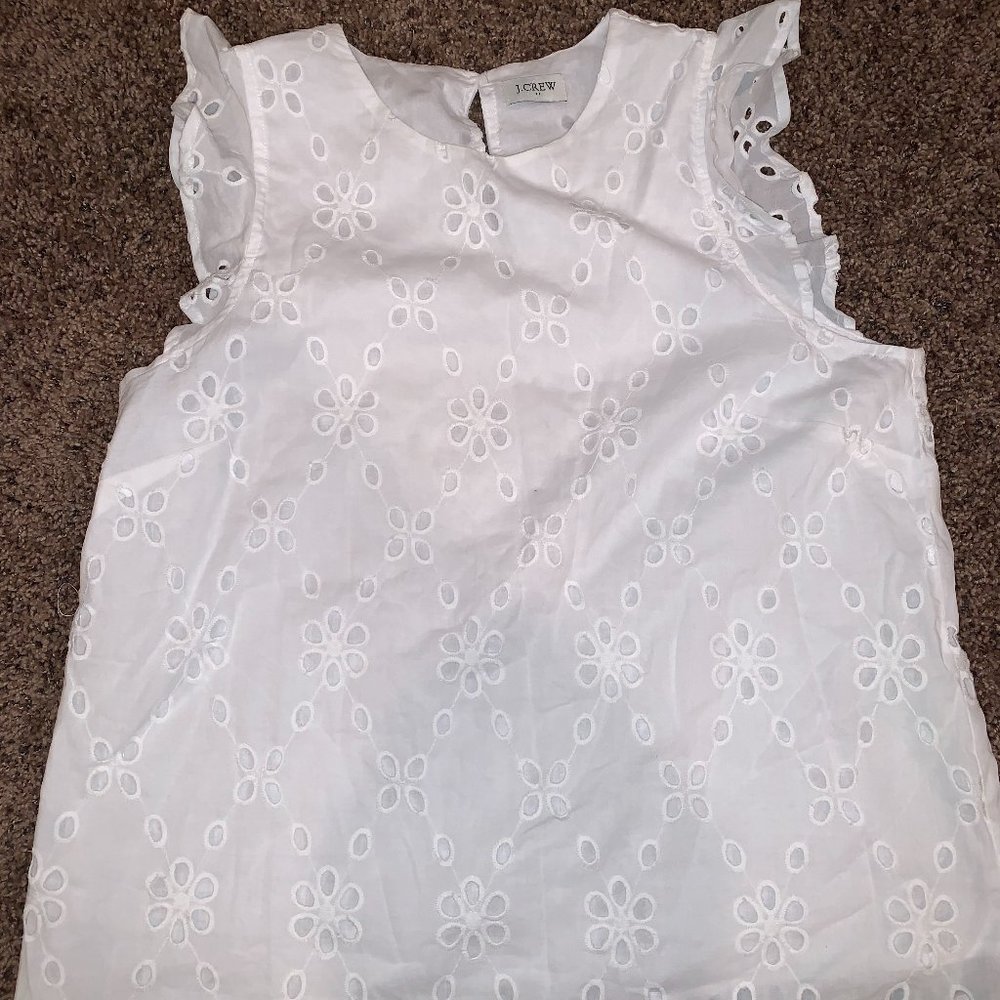 JCREW Ruffle Sleeve White Eyelet Top with Button Closure at Back